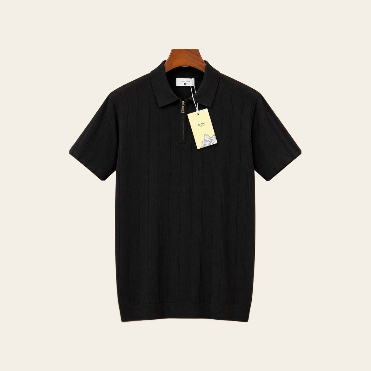 Zip-neck knit polo, black